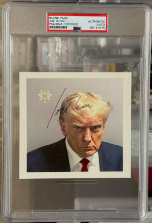 This unique collectible features two of the most iconic presidents in American history, Donald Trump and Joe Biden. The item is an original mugshot of President Trump, signed by President Biden and authenticated by Professional Sports (PSA/DNA). This piece is a must-have for any political memorabilia collector or fan of presidential history.